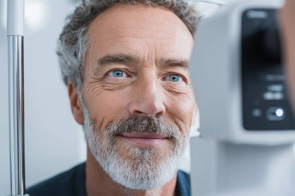 Mann bei Grüner Star Diagnose um Augendruck zu senken